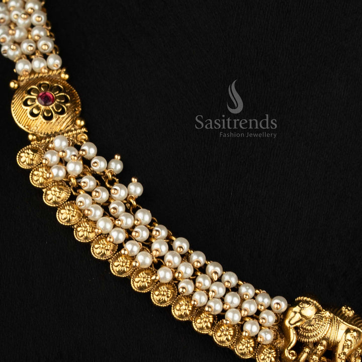 Traditional Antique Gold Plated Woven Pearl Strand Choker with Elephant Pendant - Sasitrends