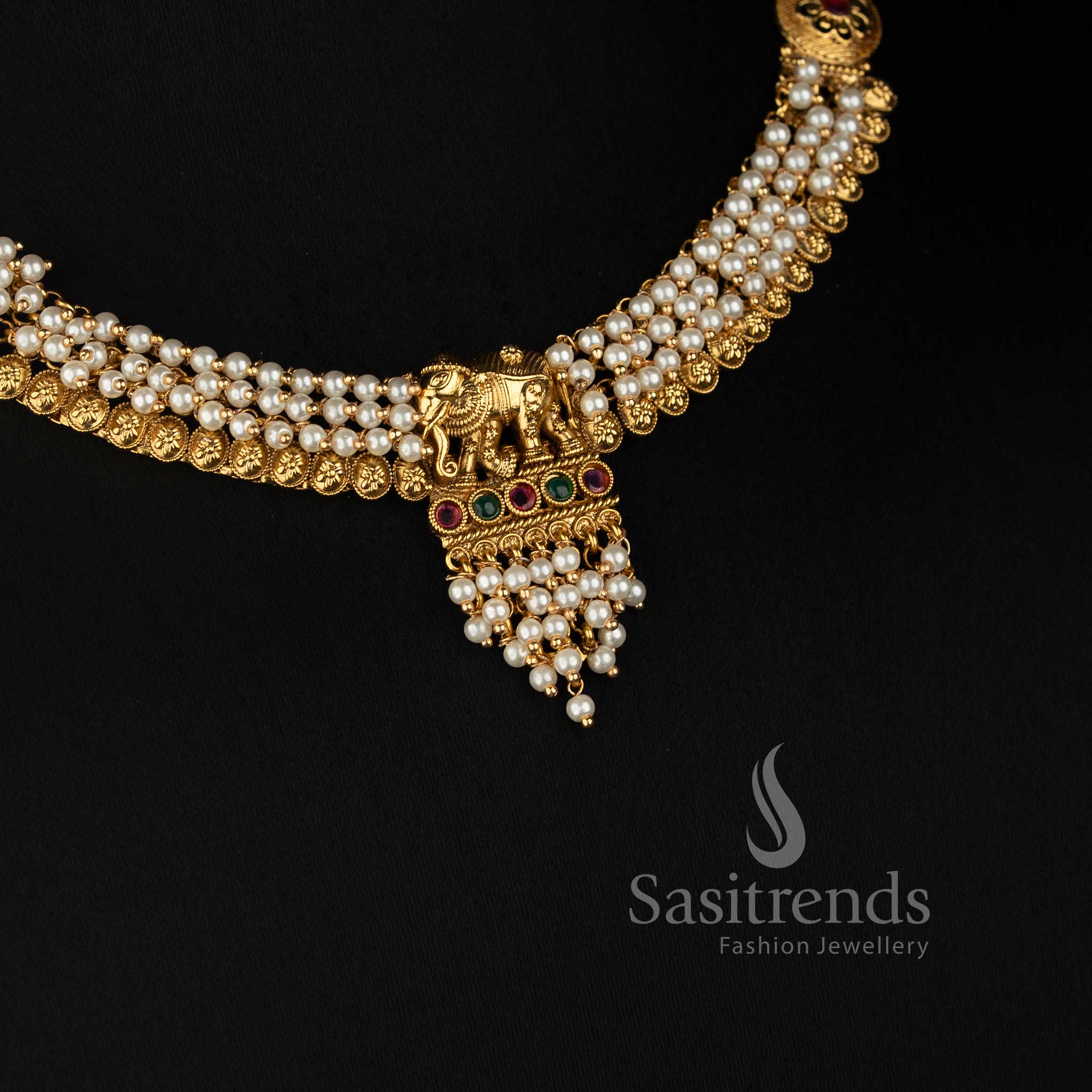 Antique Gold Plated Pearl Necklace Set with Matching Elephant Drop Earrings - Sasitrends