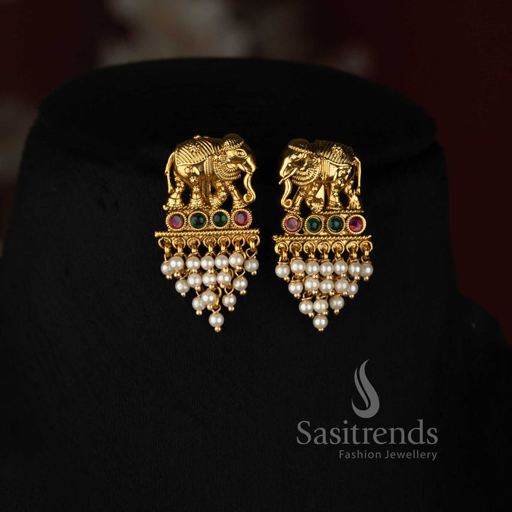 Antique Gold Plated Elephant Motif Multi Strand Pearl Necklace Set 3036B - Sasitrends