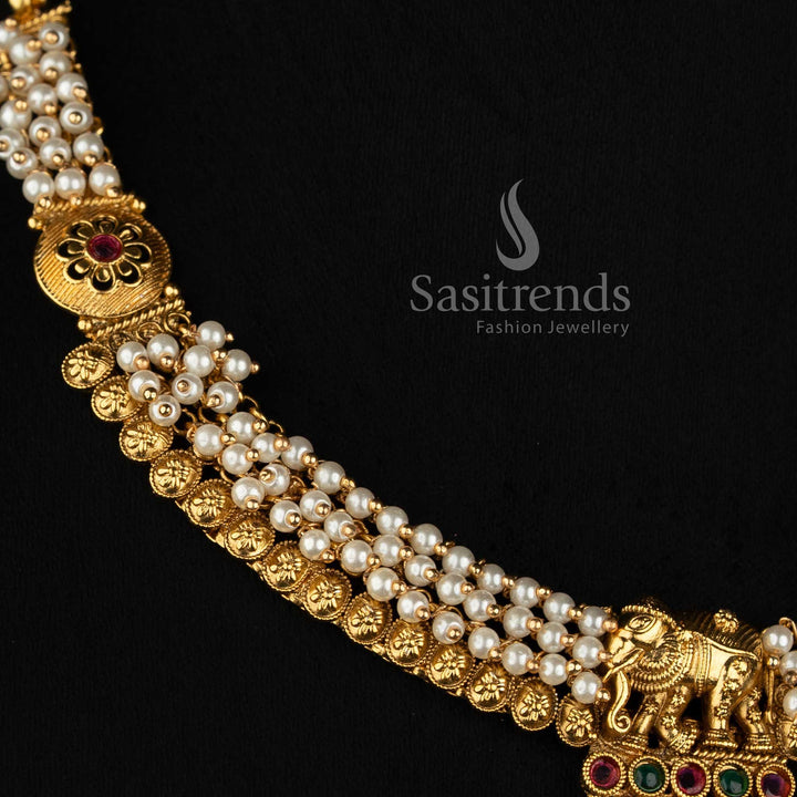 Antique Gold Plated Elephant Motif Multi Strand Pearl Necklace Set 3036B - Sasitrends
