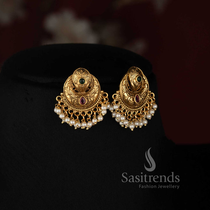Antique Gold Plated South Indian Peacock Pearl Necklace Set for Festive Wear - Sasitrends