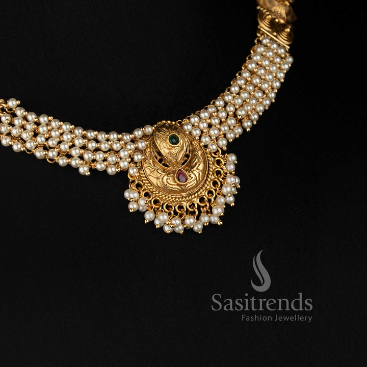 Antique Gold Plated Pearl Necklace Set with Matching Peacock Crescent Studs - Sasitrends