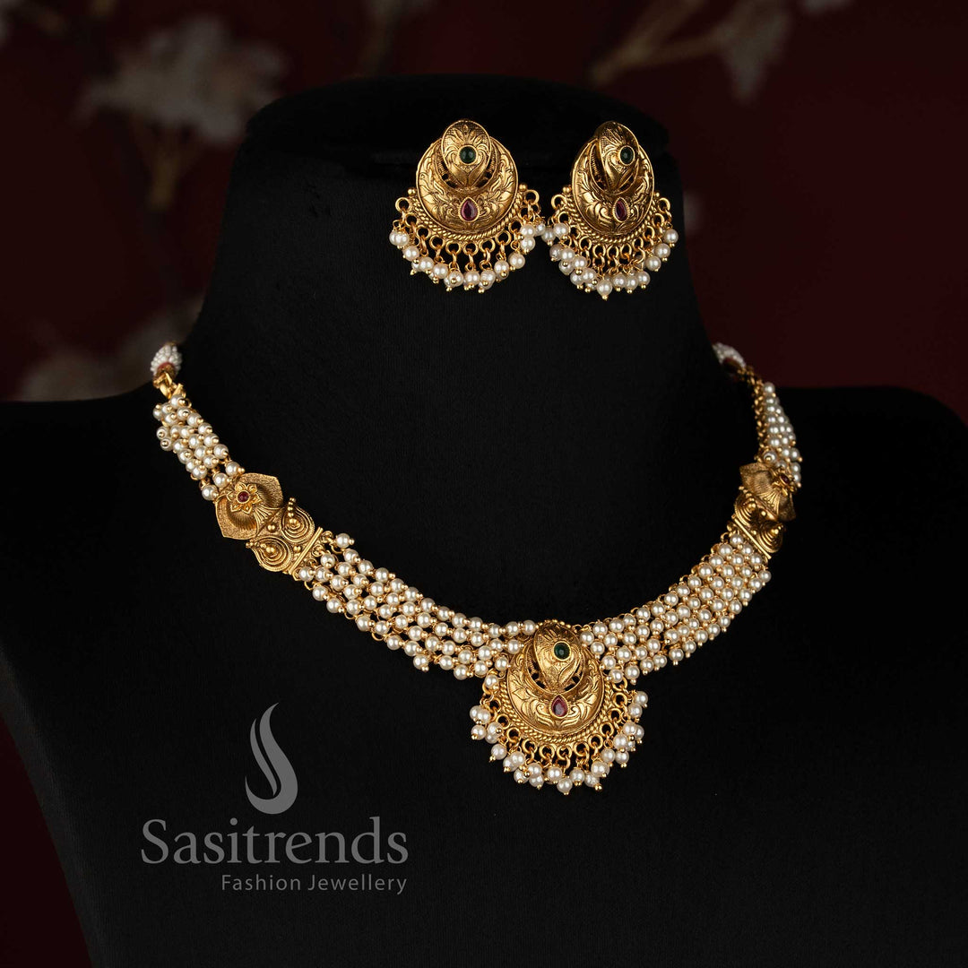 Antique Gold Plated South Indian Peacock Pearl Necklace Set for Festive Wear - Sasitrends