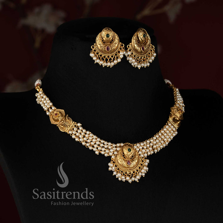 Antique Gold Plated South Indian Peacock Pearl Necklace Set for Festive Wear - Sasitrends