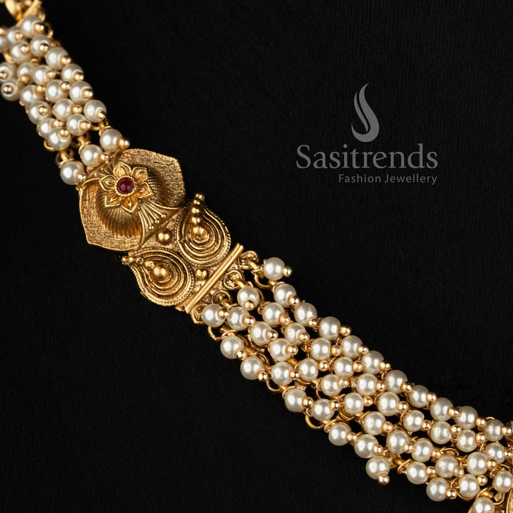 Antique Gold Plated Pearl Necklace Set with Matching Peacock Crescent Studs - Sasitrends