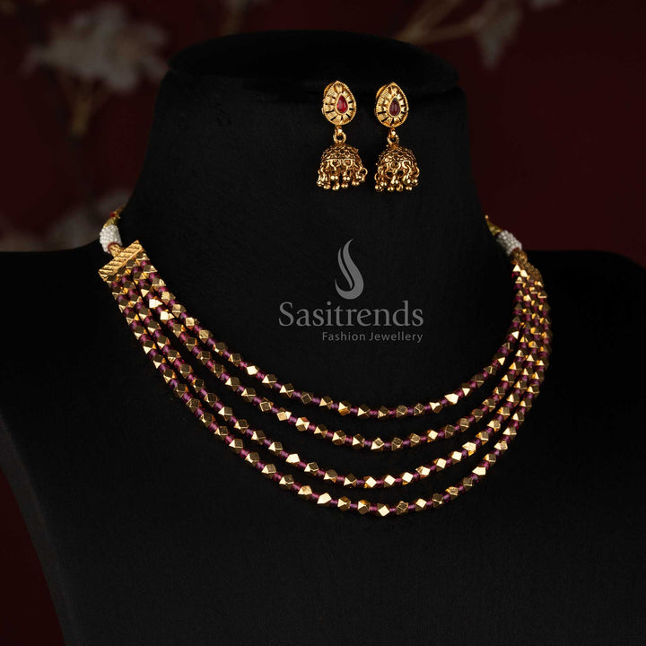 3037G traditional temple jewellery set with four-row faceted bead necklace and teardrop stone Jhumka earrings