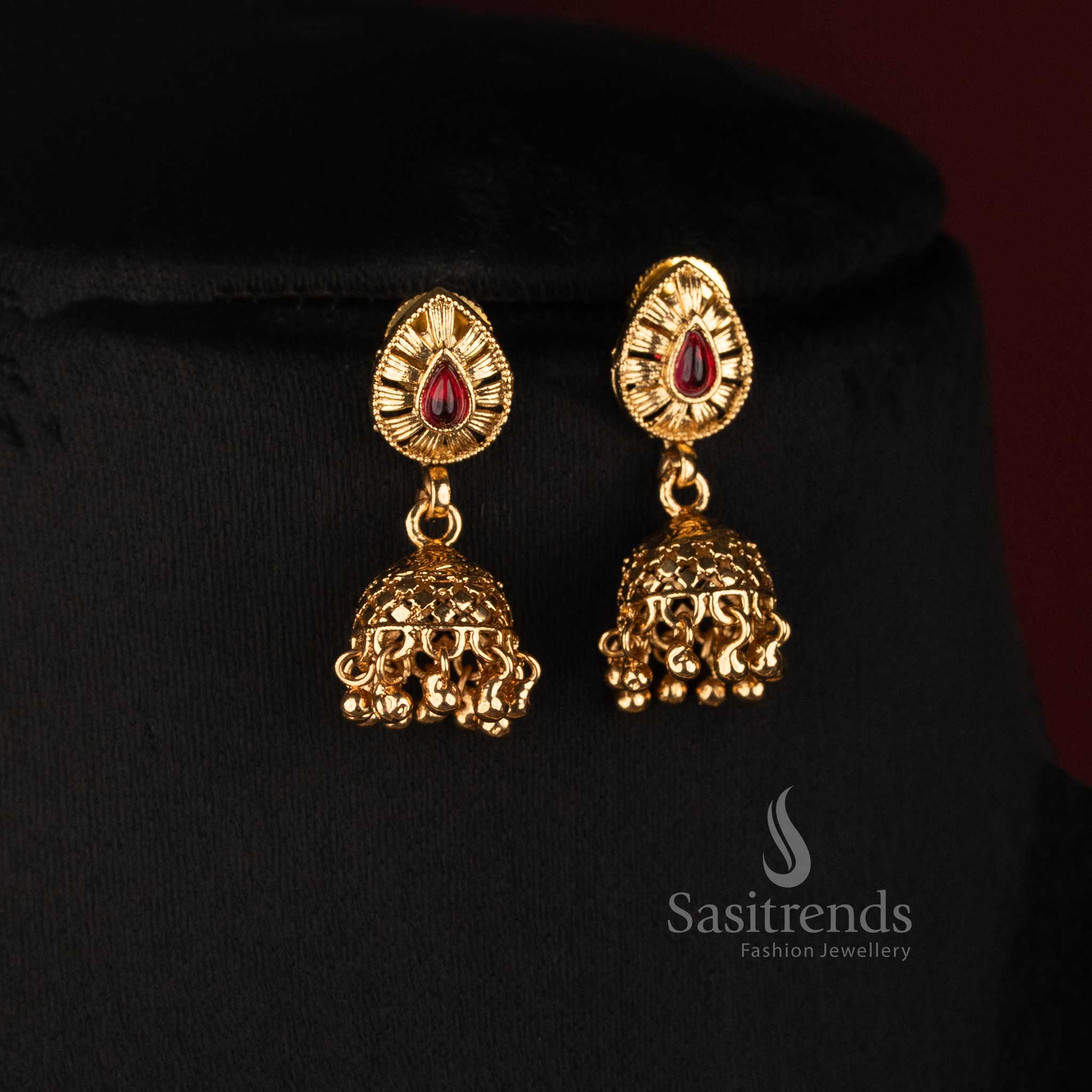 3037G antique gold plated four-row diamond faceted bead necklace set with teardrop stone Jhumka earrings by Sasitrends