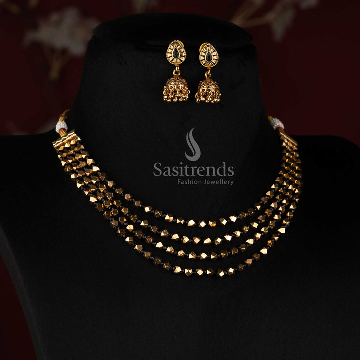 3037G antique gold plated four-row bead necklace and teardrop stone Jhumka set for temple and festive jewellery