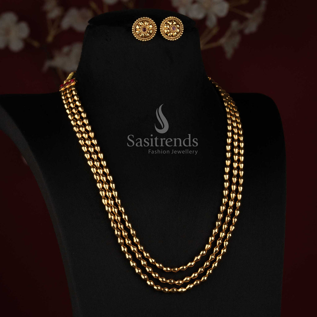 Antique Gold Plated Layered Oval Bead Necklace with Matching Floral Ear Studs - Sasitrends
