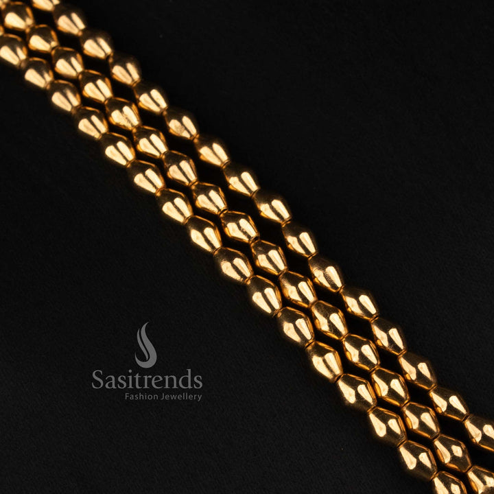 Traditional Antique Gold Plated Multi Layer Oval Bead Necklace with Three Flowing Strands - Sasitrends