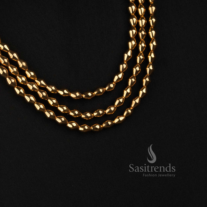 Antique Gold Plated Layered Oval Bead Necklace with Matching Floral Ear Studs - Sasitrends