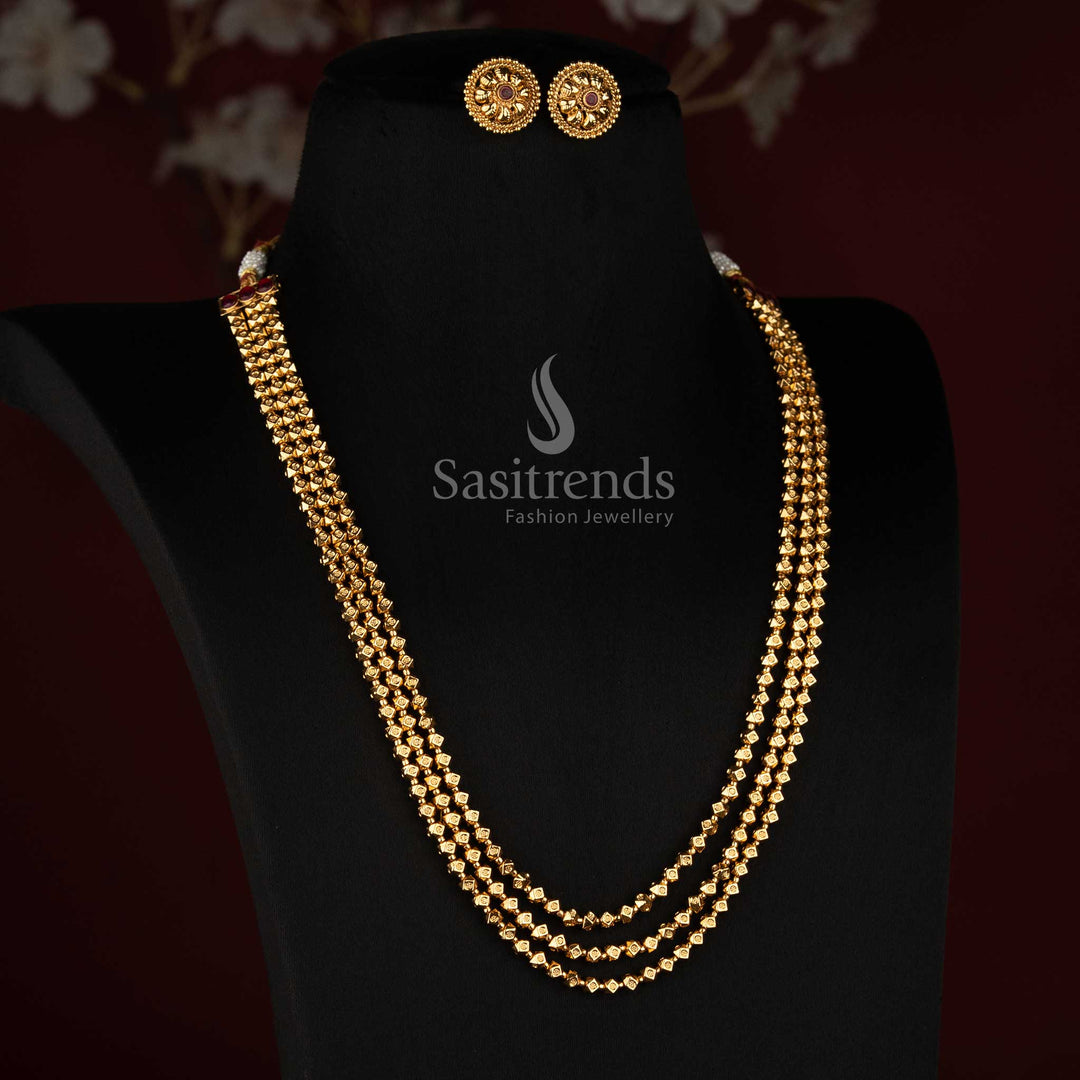 Antique Gold Plated Three Strand Faceted Pyramid Bead Long Haram Necklace Set with Floral Ear Studs - Sasitrends