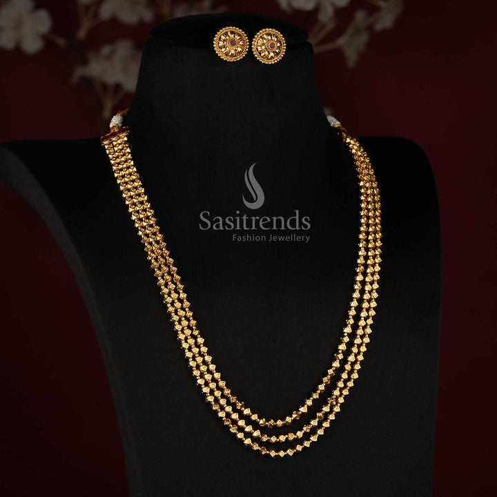 Antique Gold Plated Three Strand Faceted Pyramid Bead Long Haram Necklace Set with Floral Ear Studs - Sasitrends