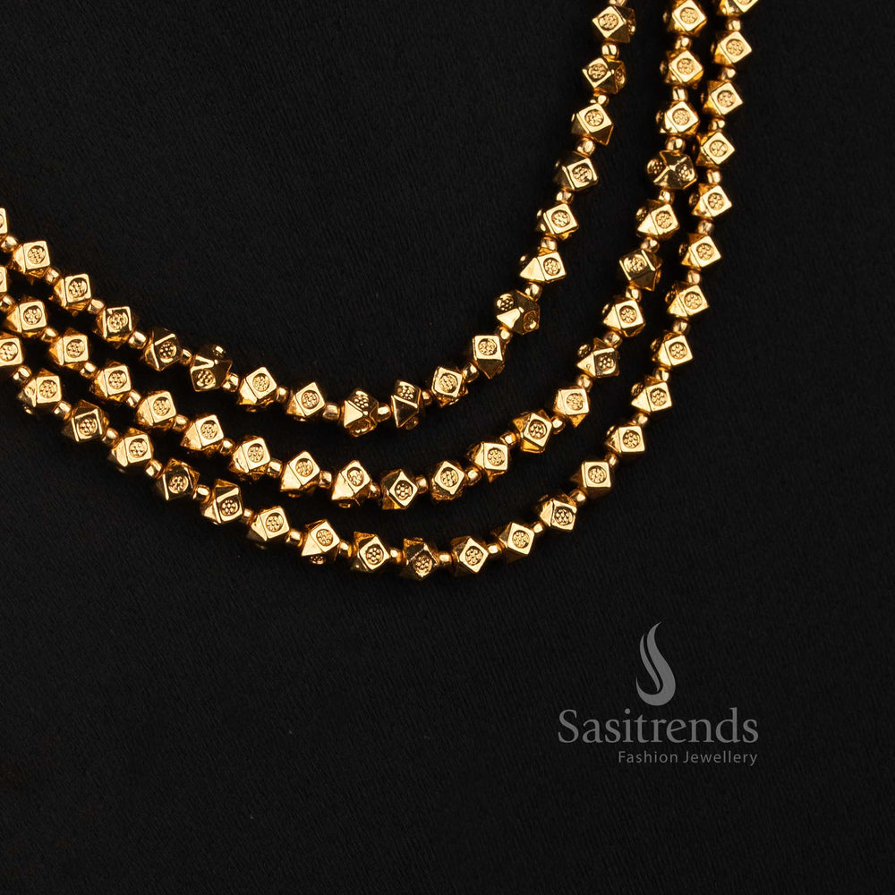 Antique Gold Plated Faceted Bead Long Haram with Matching Circular Floral Ear Studs - Sasitrends