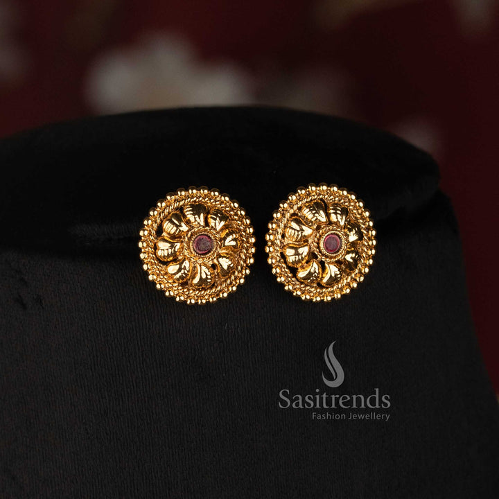 Antique Gold Plated Three Strand Faceted Pyramid Bead Long Haram Necklace Set with Floral Ear Studs - Sasitrends