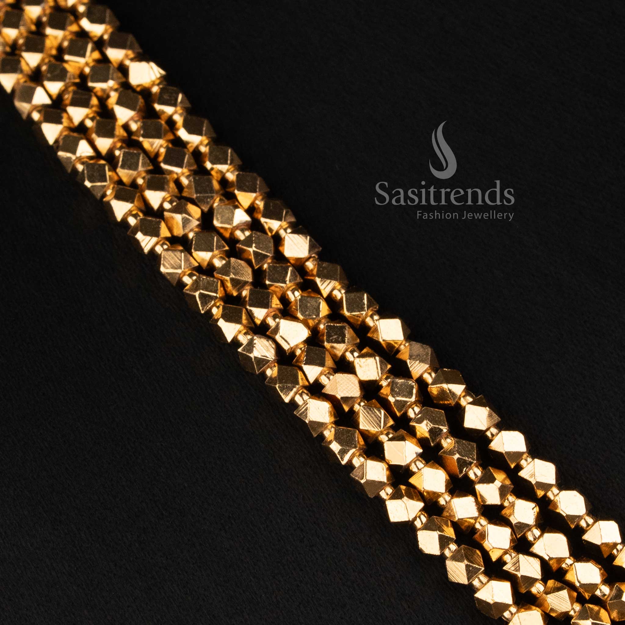 Antique Gold Plated Faceted Bead Long Haram with Matching Circular Floral Ear Studs - Sasitrends