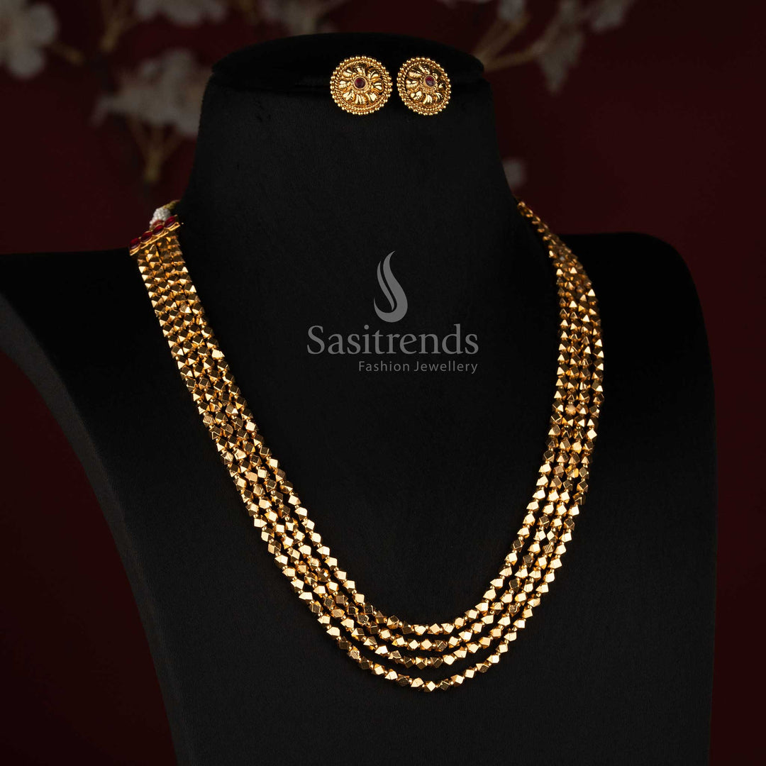 Traditional Antique Gold Plated Four Layer Geometric Faceted Bead Long Mala Set - Sasitrends