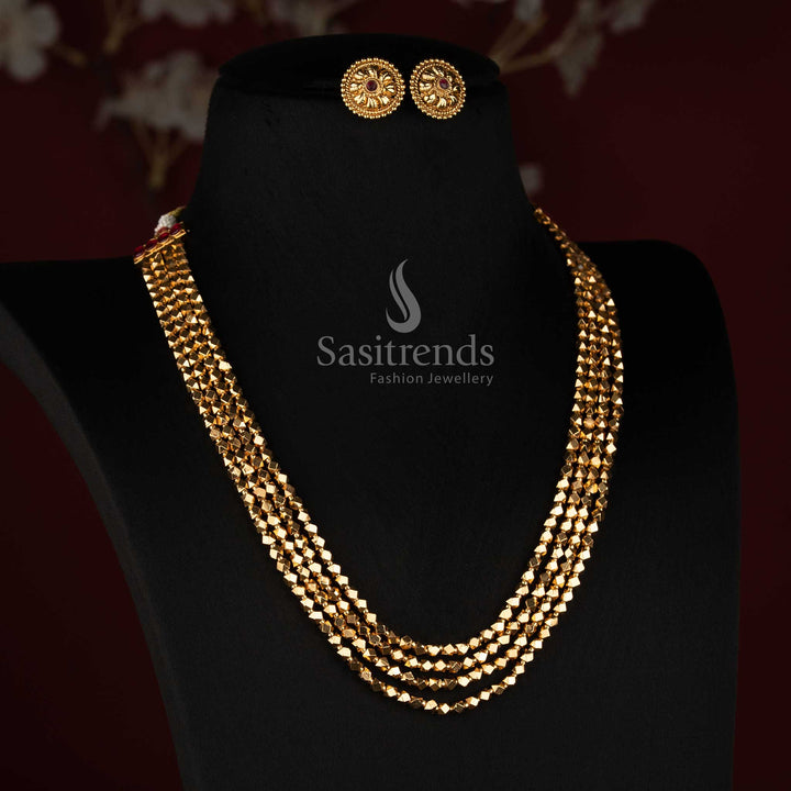 Traditional Antique Gold Plated Four Layer Geometric Faceted Bead Long Mala Set - Sasitrends