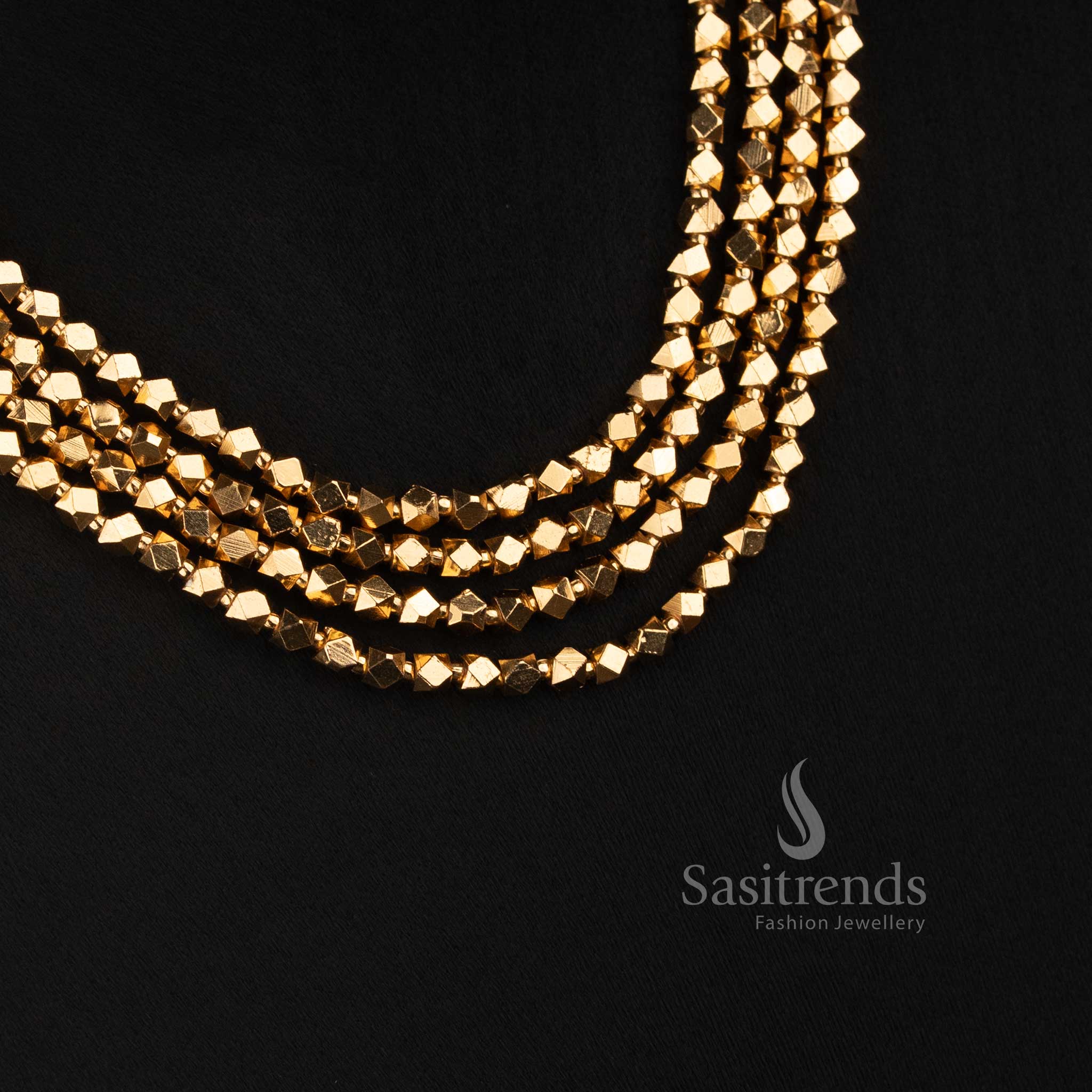 Antique Gold Plated Faceted Bead Long Haram with Matching Circular Floral Ear Studs - Sasitrends