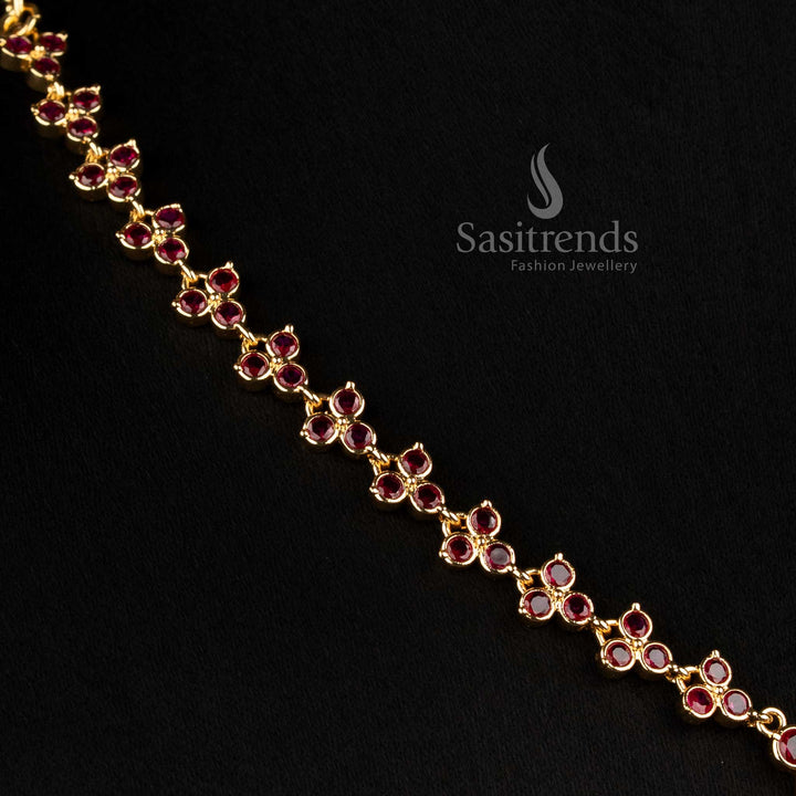 Contemporary Impon Gold Plated Trefoil Cubic Zirconia Cluster Chain Necklace - Sasitrends