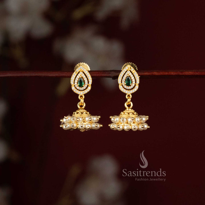 Micro Gold Plated AD Stone Jhumka Earrings with Layered Pearl Drops - Sasitrends
