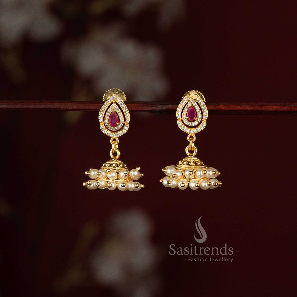 Micro Gold Plated AD Stone Jhumka Earrings with Layered Pearl Drops - Sasitrends