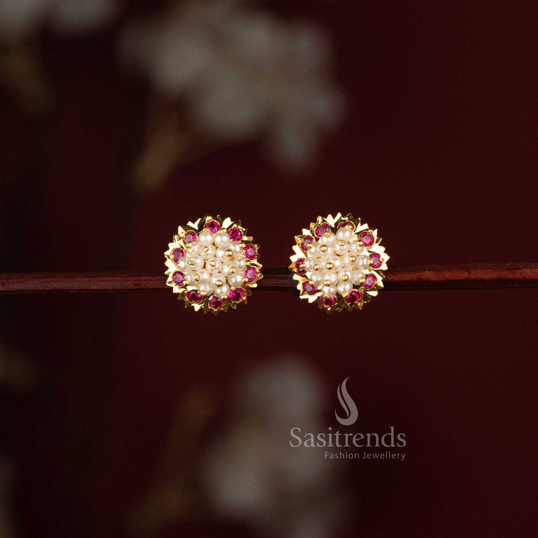 Micro Gold Plated Pearl Cluster Earrings with Detailed AD Stone Border - Sasitrends