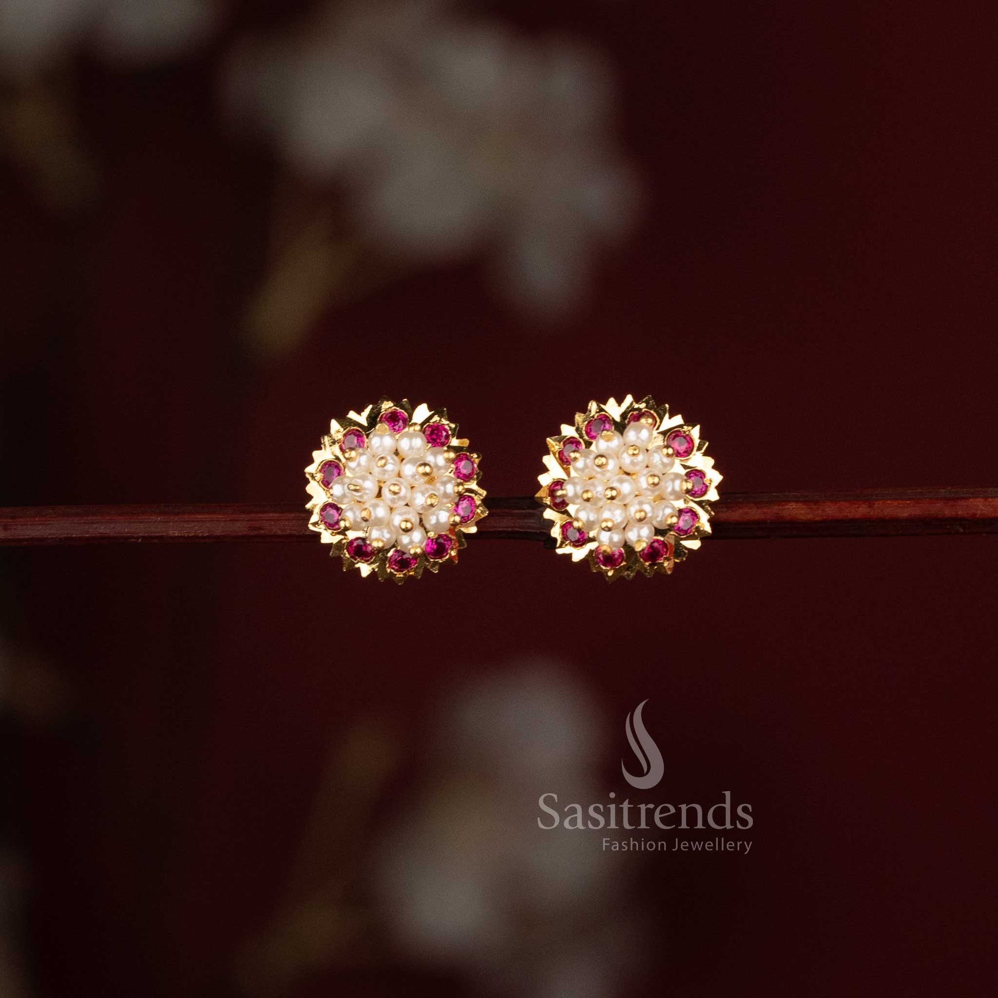 Micro Gold Plated Pearl Cluster Earrings with Detailed AD Stone Border - Sasitrends
