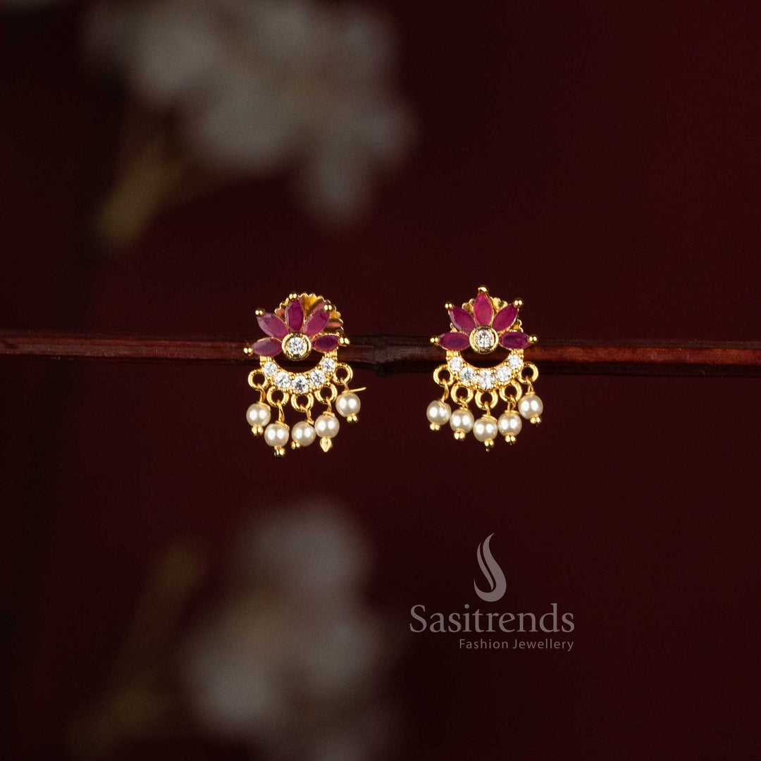 Micro Gold Plated AD Stone and Pearl Lotus Cluster Drop Earrings - Sasitrends