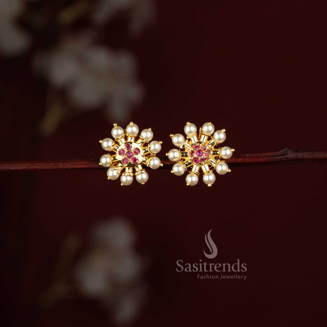 Traditional One Gram 24K Micro Gold Plated Circular Floral Pearl Stud Earrings - Sasitrends