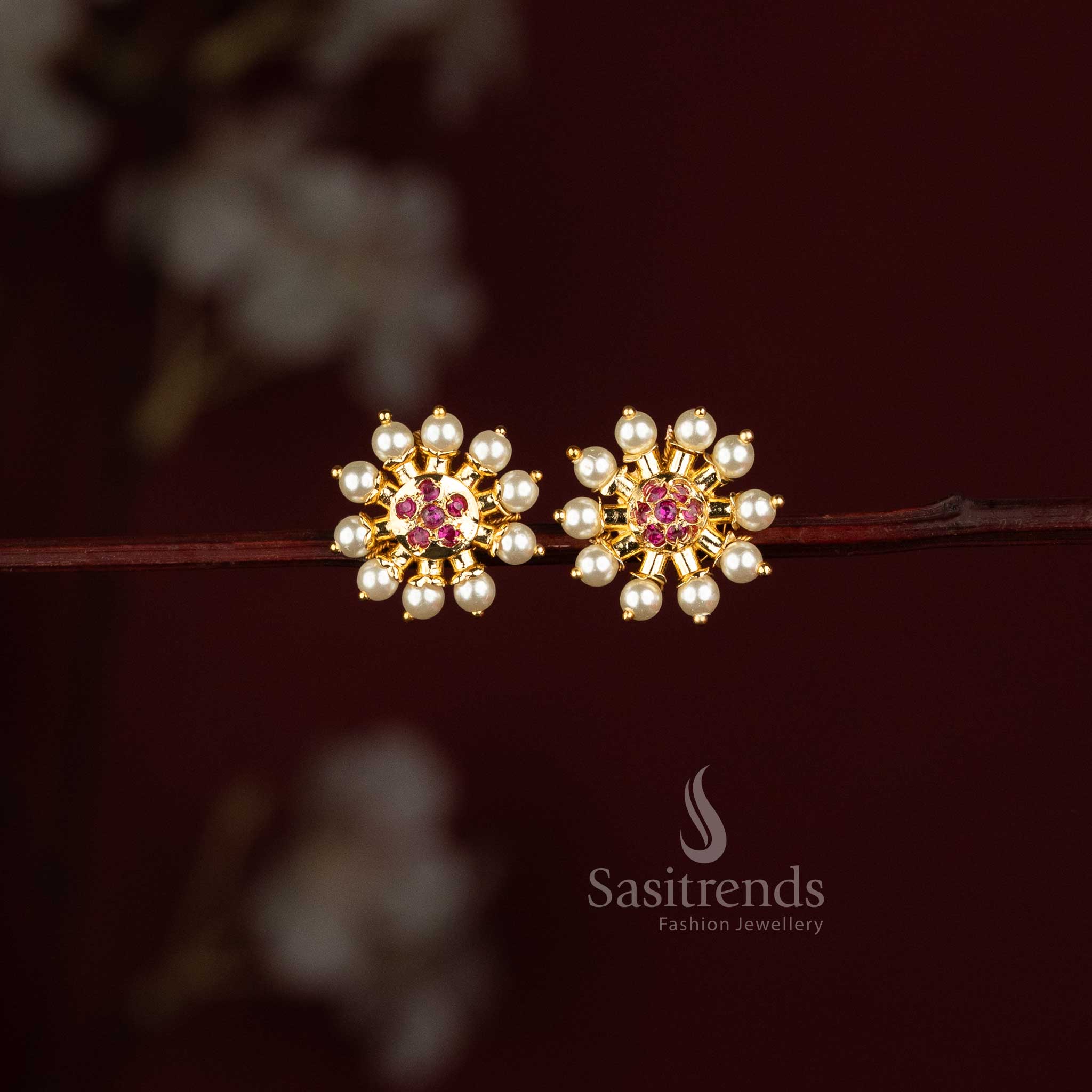 Traditional One Gram 24K Micro Gold Plated Circular Floral Pearl Stud Earrings - Sasitrends