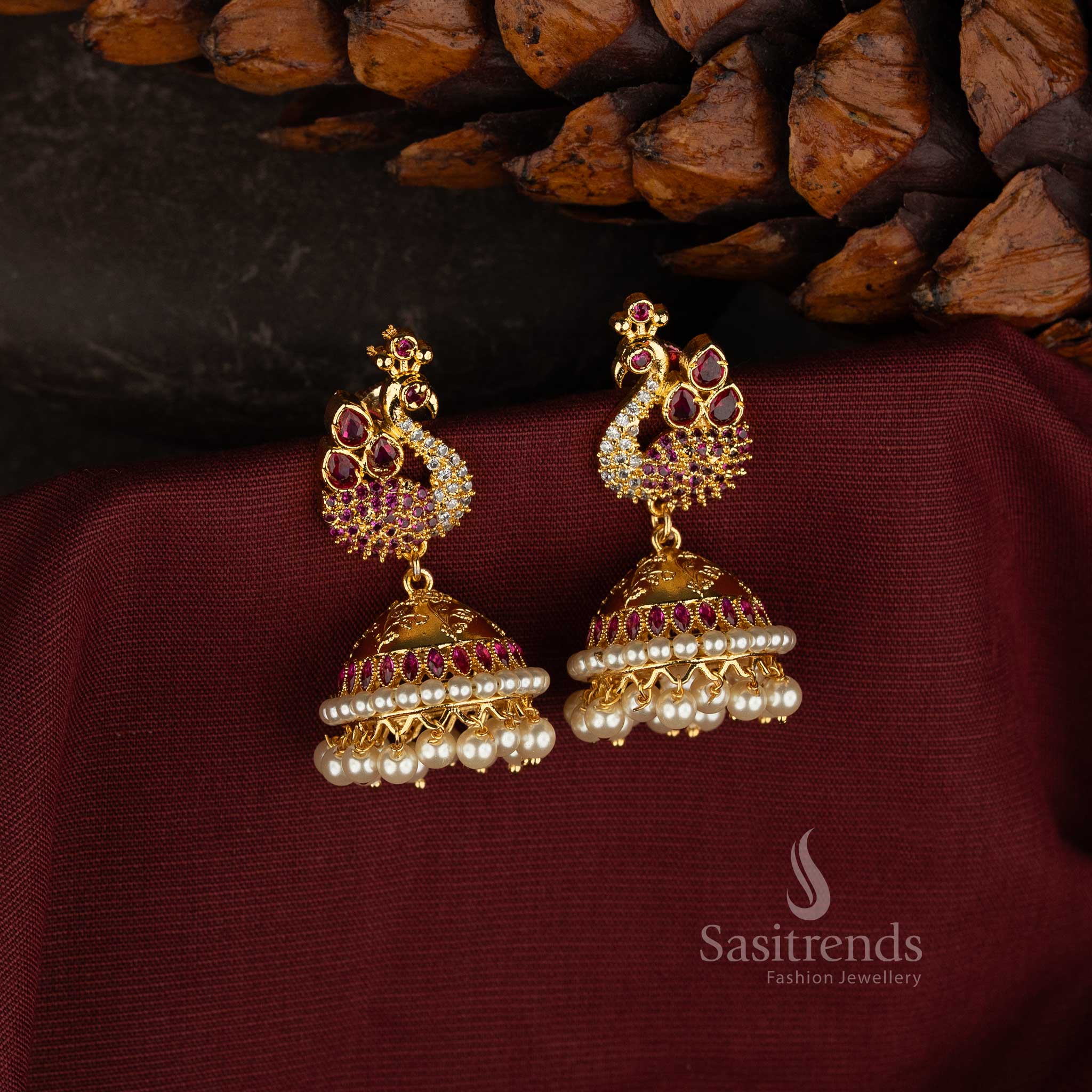 Micro Gold Plated Peacock Design Jhumka Earrings with AD Stone Detailing and Pearl Drops - Sasitrends
