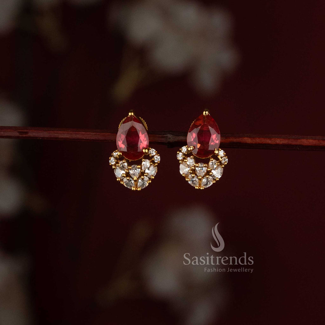 Matte Gold Plated Pear Shaped AD Stone Earrings with Cluster Detailing - Sasitrends