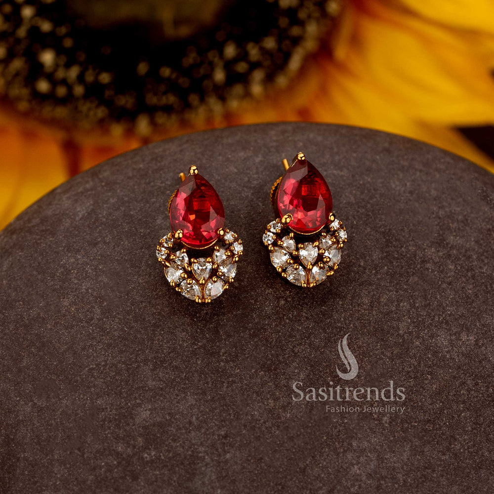 Matte Gold Plated Pear Shaped AD Stone Earrings with Cluster Detailing - Sasitrends