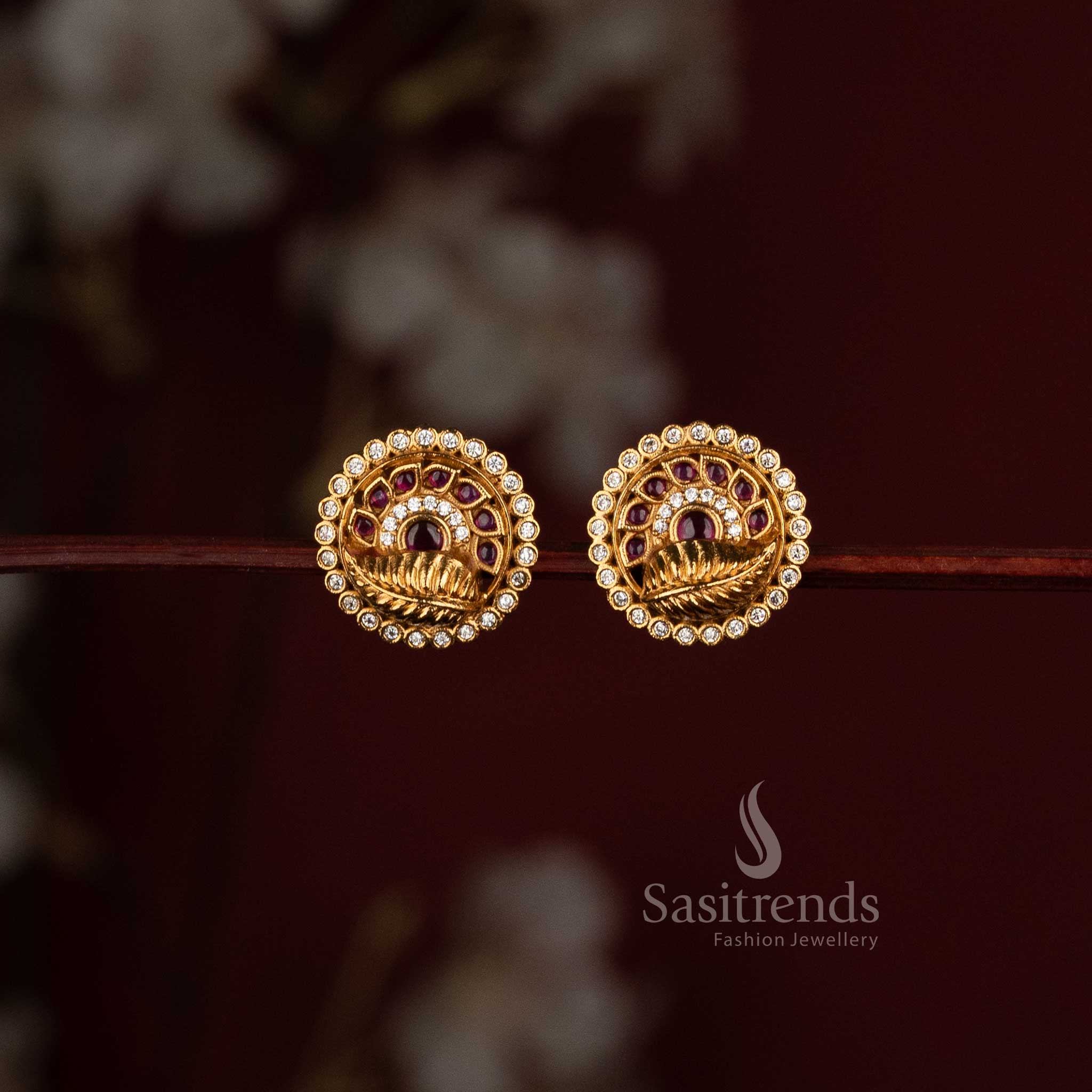 Matte Gold Plated Peacock Feather Earrings with Detailed AD Stone Accents - Sasitrends