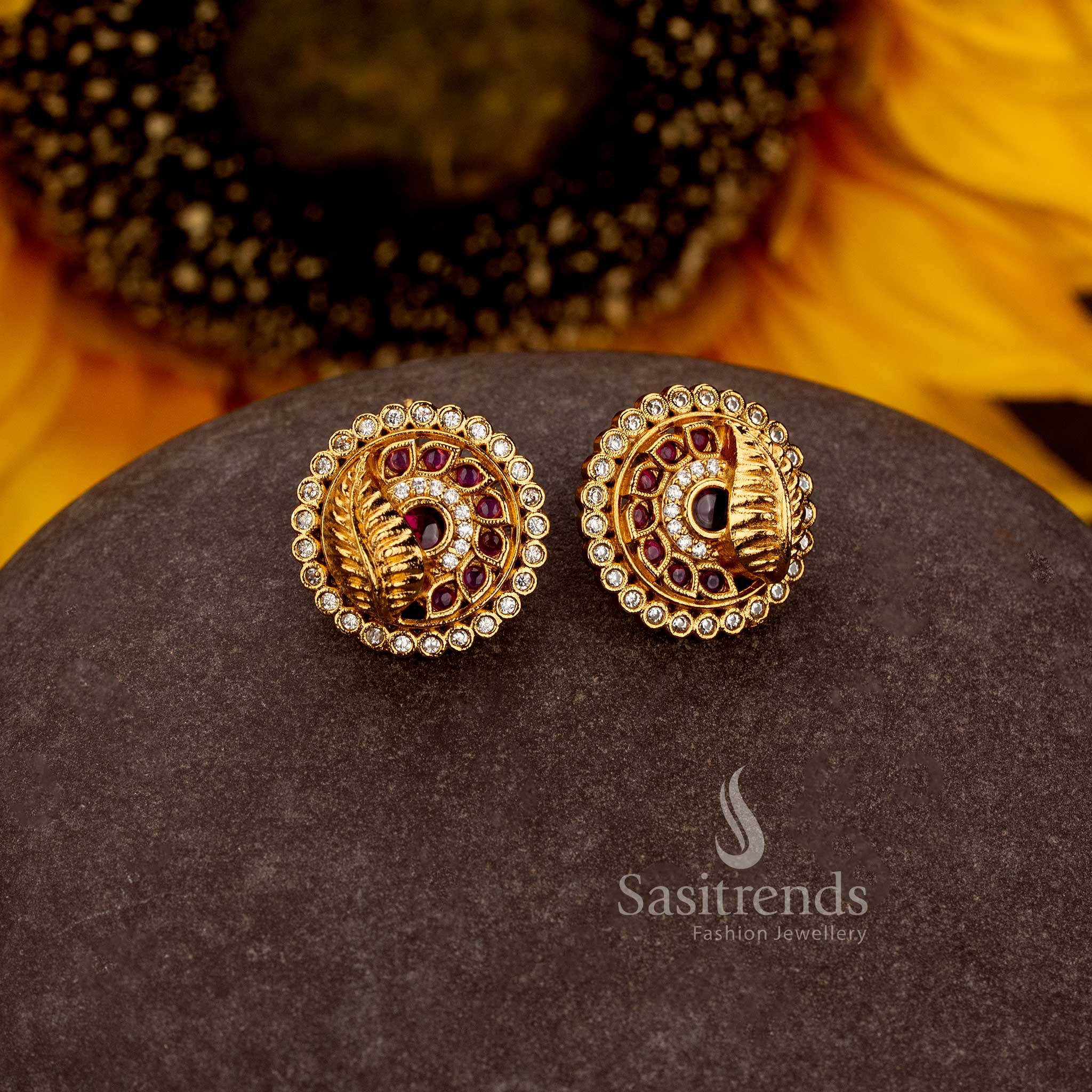 Matte Gold Plated Peacock Feather Earrings with Detailed AD Stone Accents - Sasitrends