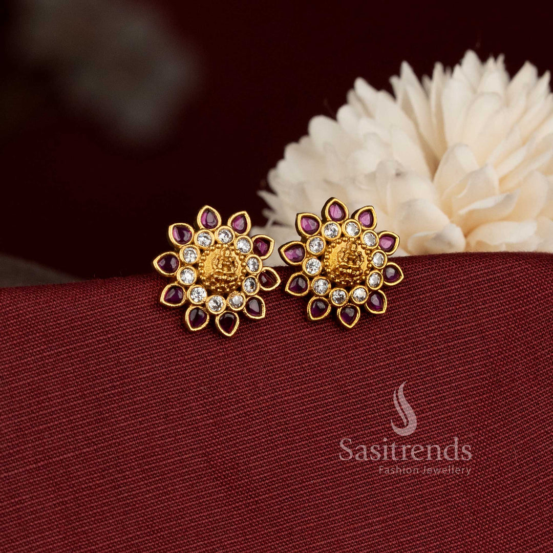 Elegant Matte Gold Plated Lakshmi Floral Earrings for Temple Functions, Navaratri and Festive Celebrations - Sasitrends