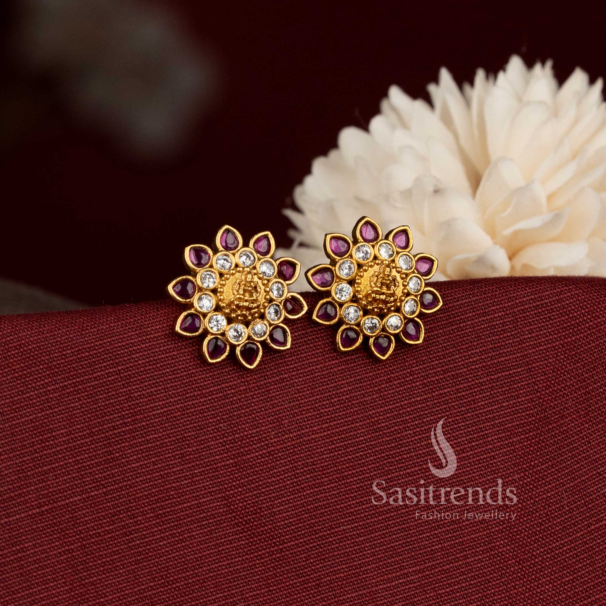 Elegant Matte Gold Plated Lakshmi Floral Earrings for Temple Functions, Navaratri and Festive Celebrations - Sasitrends