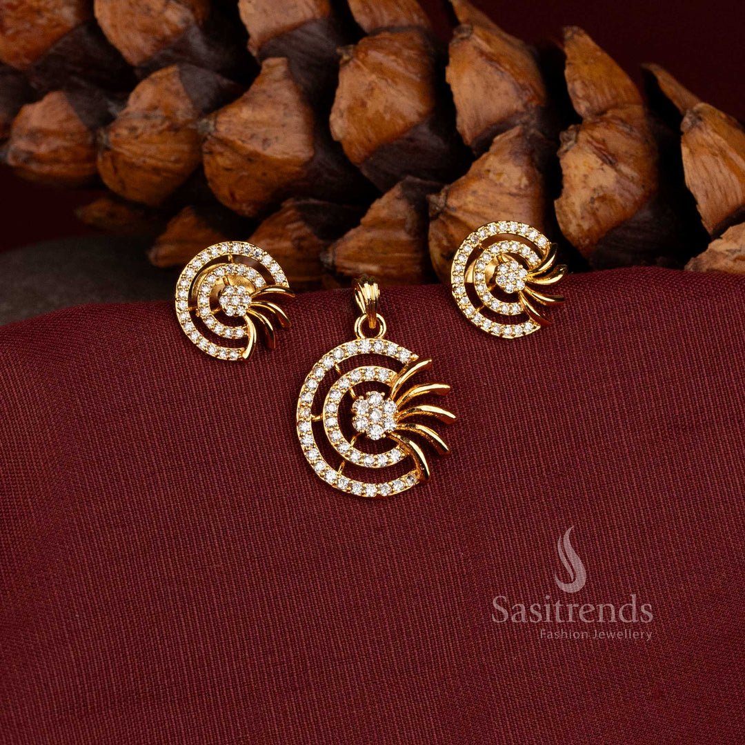 Stunning  Micro Gold Plated Crescent AD Stone Pendant with Matching Stud Earrings - Sasitrends