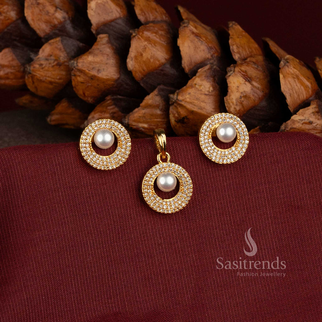 Micro Gold Plated AD Pearl Pendant with Matching Circular Stud Earrings - Sasitrends