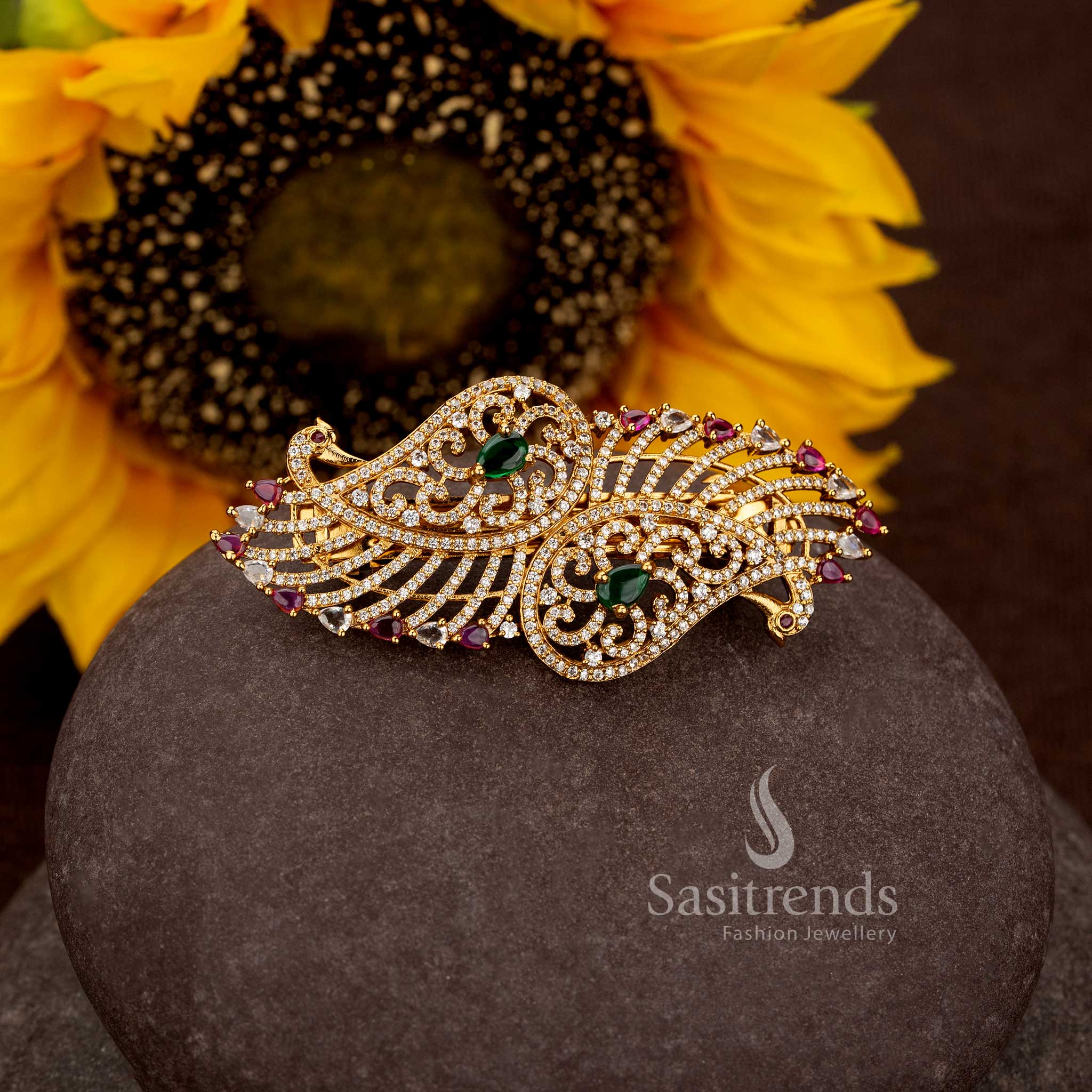 Elegant Matte Gold Plated Peacock Hair Clip with Detailed AD Stone Work - Sasitrends