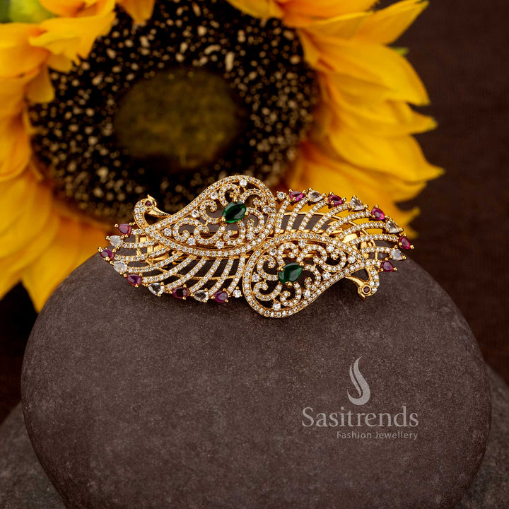 Elegant Matte Gold Plated Peacock Hair Clip with Detailed AD Stone Work - Sasitrends