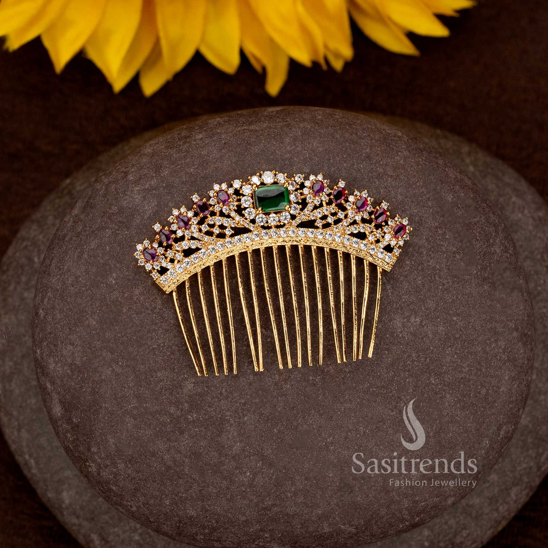 Elegant Matte Gold Plated Filigree Hair Comb Clip with Intricate Stone Detailing - Sasitrends