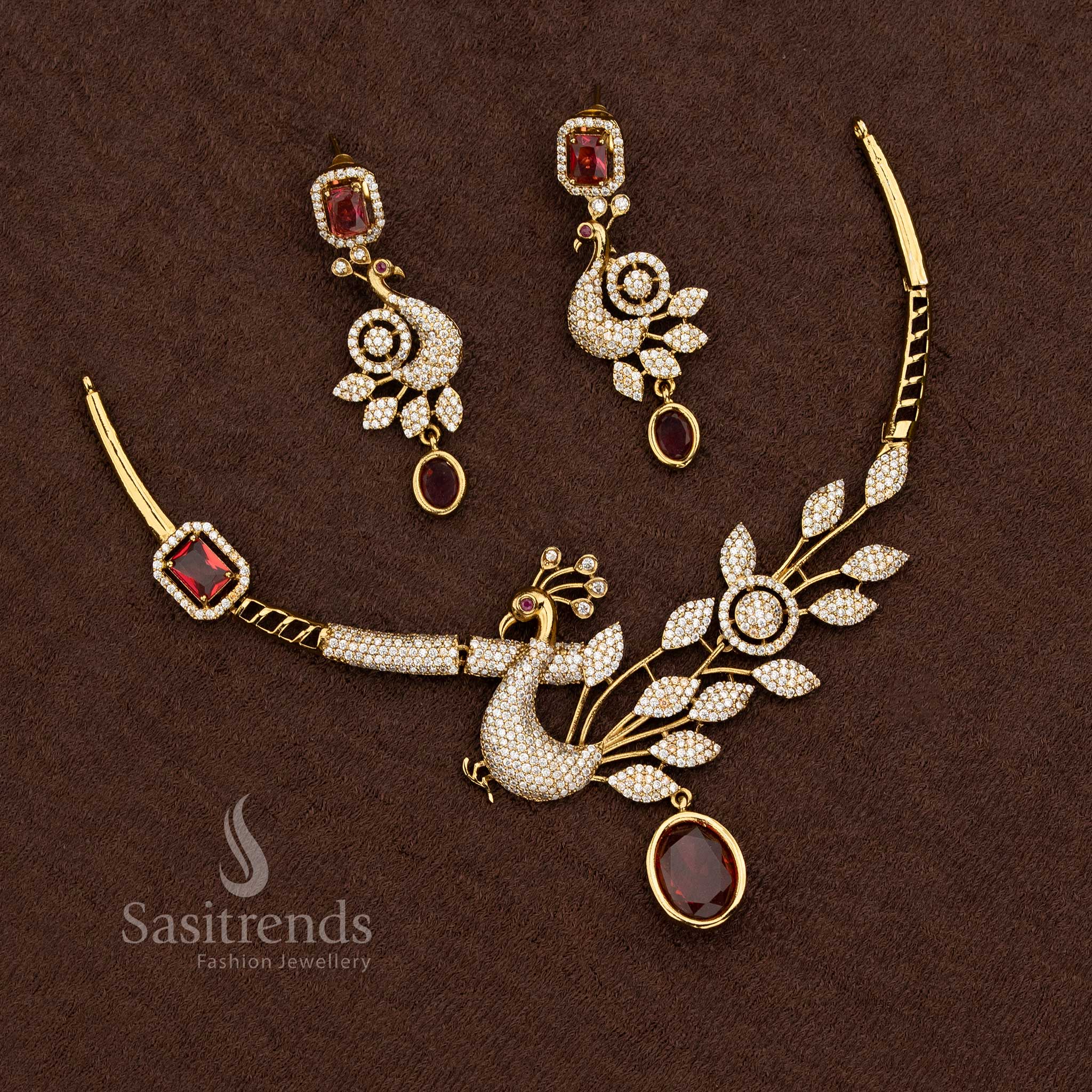 Peacock Necklace with Leaf Plume and American Diamond Stone Detailing - Sasitrends