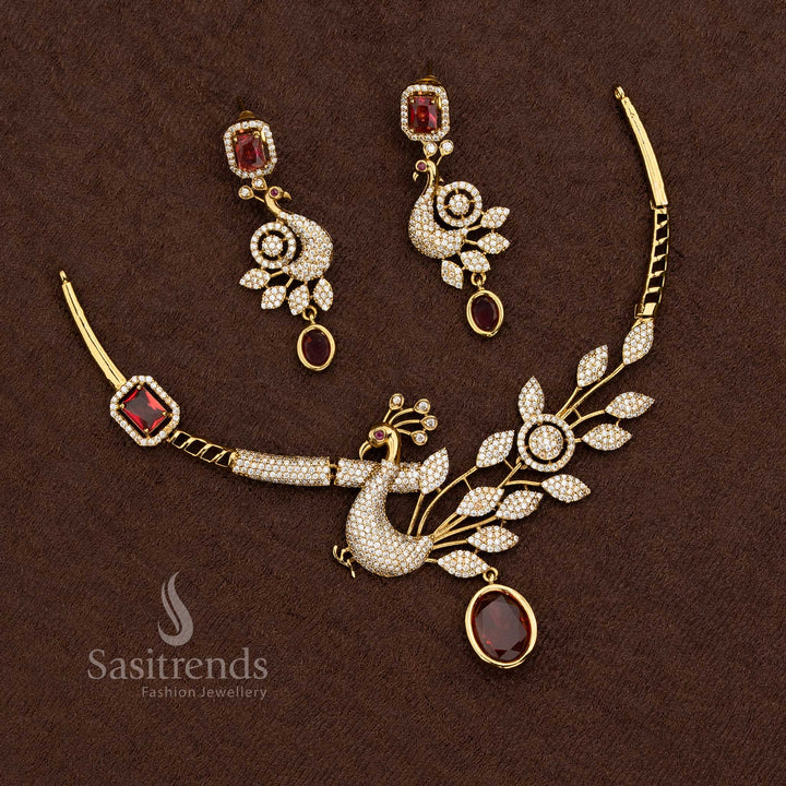 Peacock Necklace with Leaf Plume and American Diamond Stone Detailing - Sasitrends