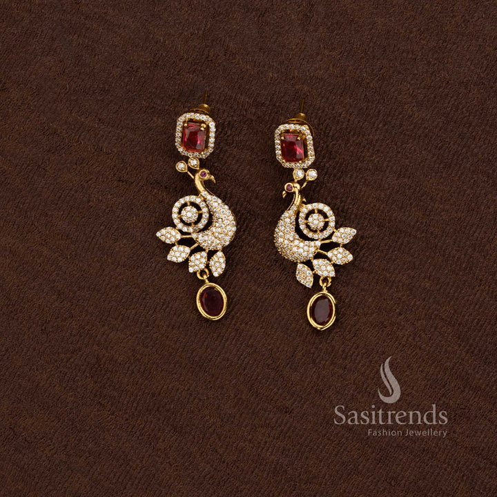 Peacock Necklace with Leaf Plume and American Diamond Stone Detailing - Sasitrends