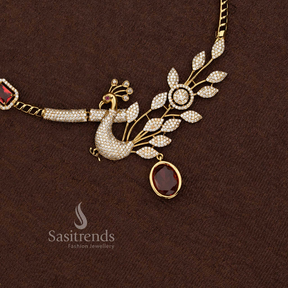 Peacock Necklace with Leaf Plume and American Diamond Stone Detailing - Sasitrends