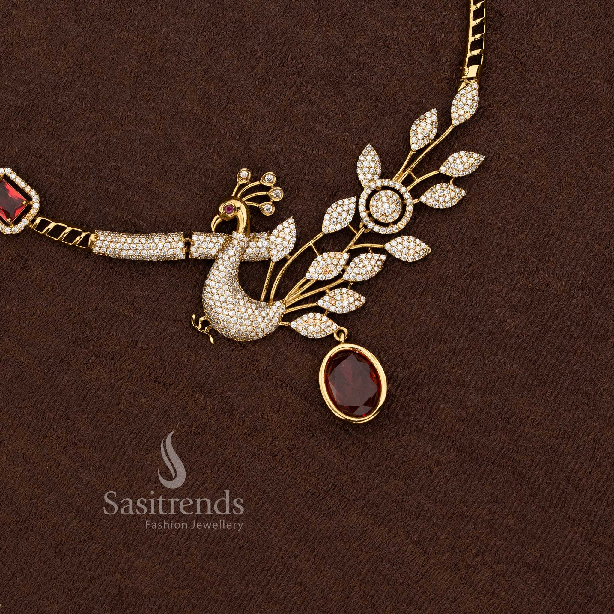 Peacock Necklace with Leaf Plume and American Diamond Stone Detailing - Sasitrends