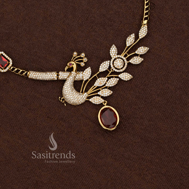 Peacock Necklace with Leaf Plume and American Diamond Stone Detailing - Sasitrends