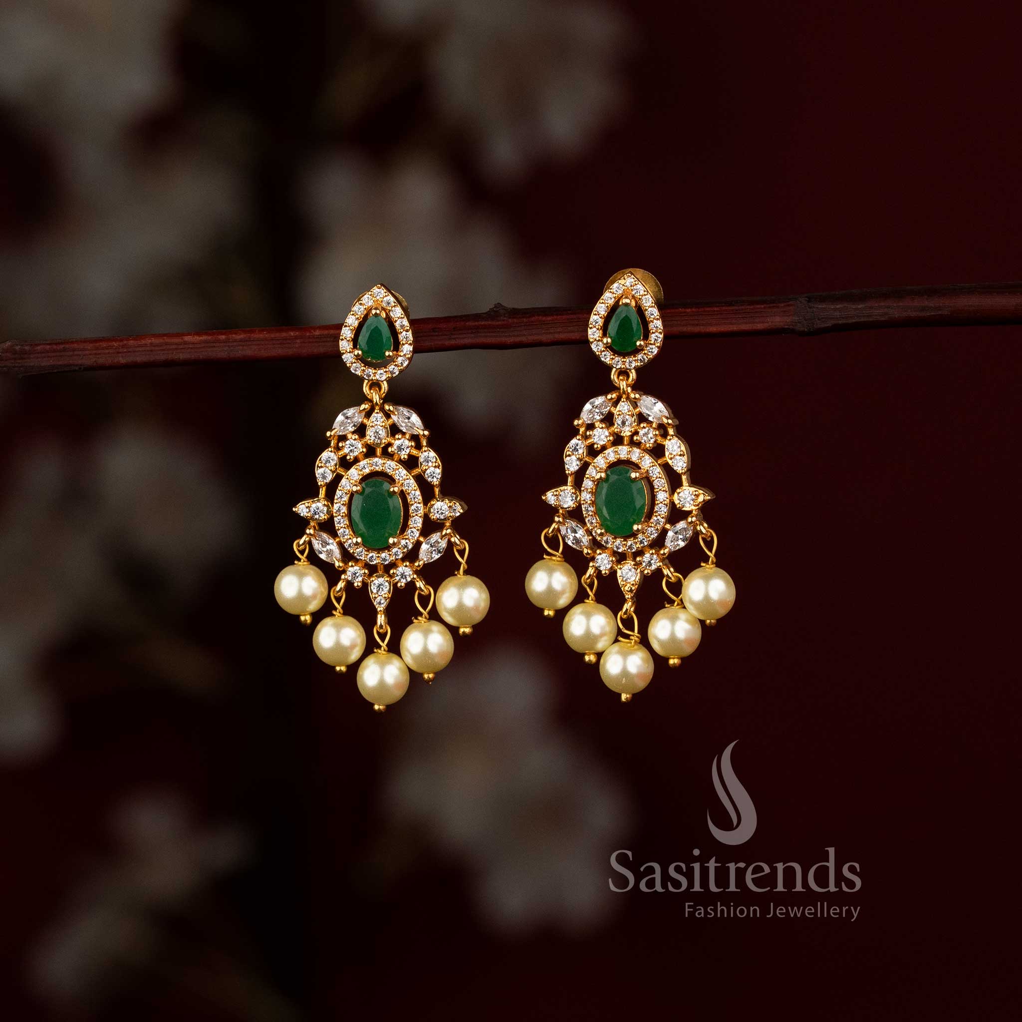 dazzling one gram micro gold plated American Diamond chandelier earrings with centre stone and pearl drops by Sasitrends